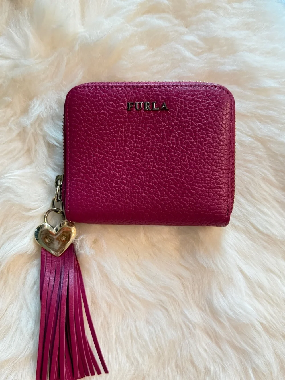Furla Magenta Pebbled Leather Zip Wallet with Tassel Heart Charm